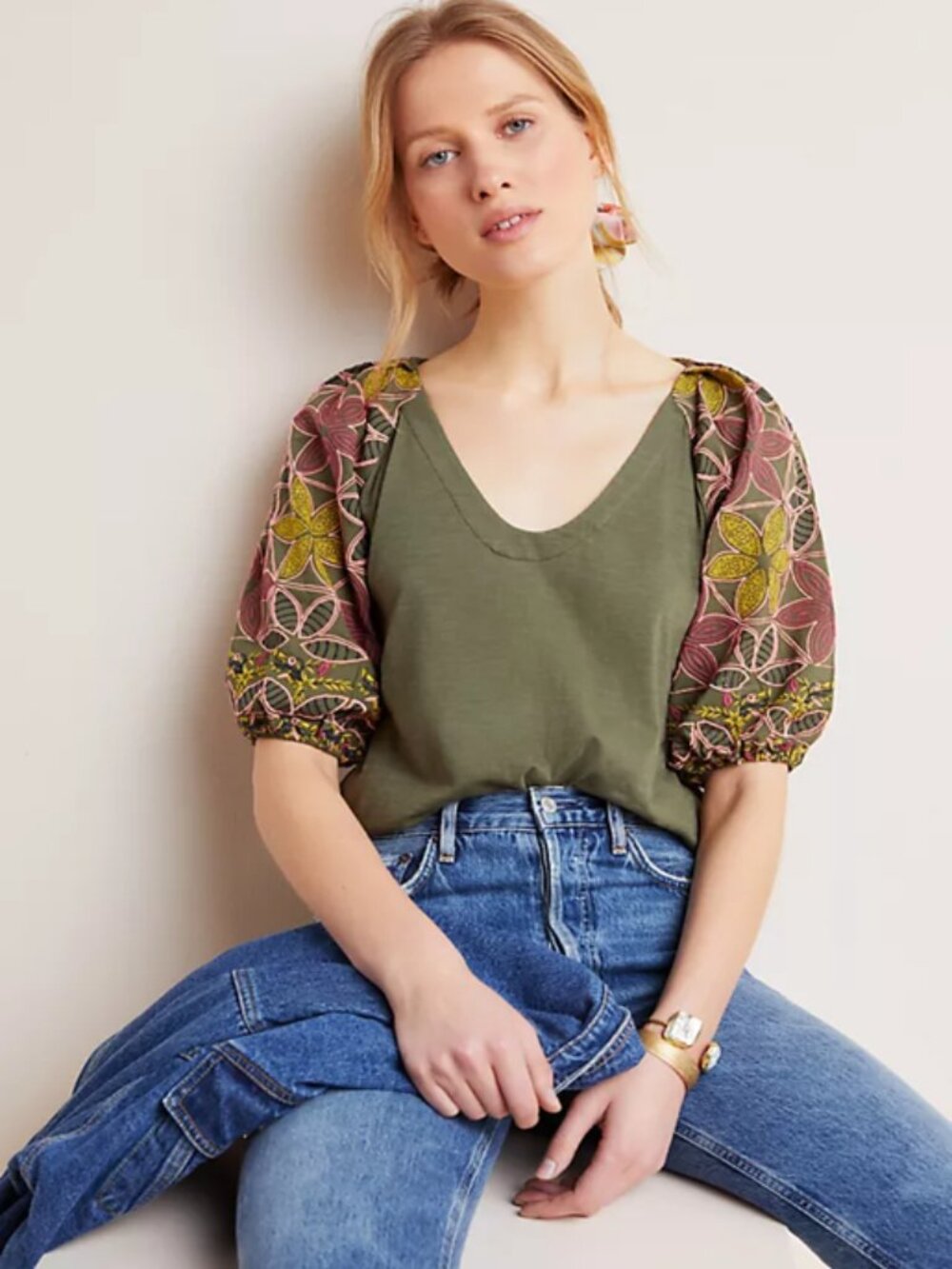 Anthropologie Maeve | Bridey Embroidered Puff Sleeve Olive Green V Neck Top Sz M